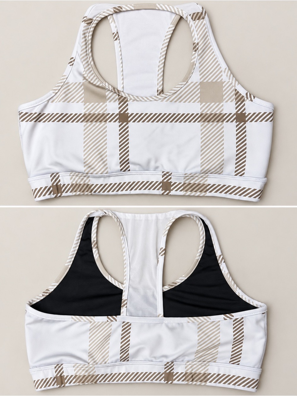 Noli Women’s Plaid Racerback Sports Bra White Tan Brown Athletic Size L